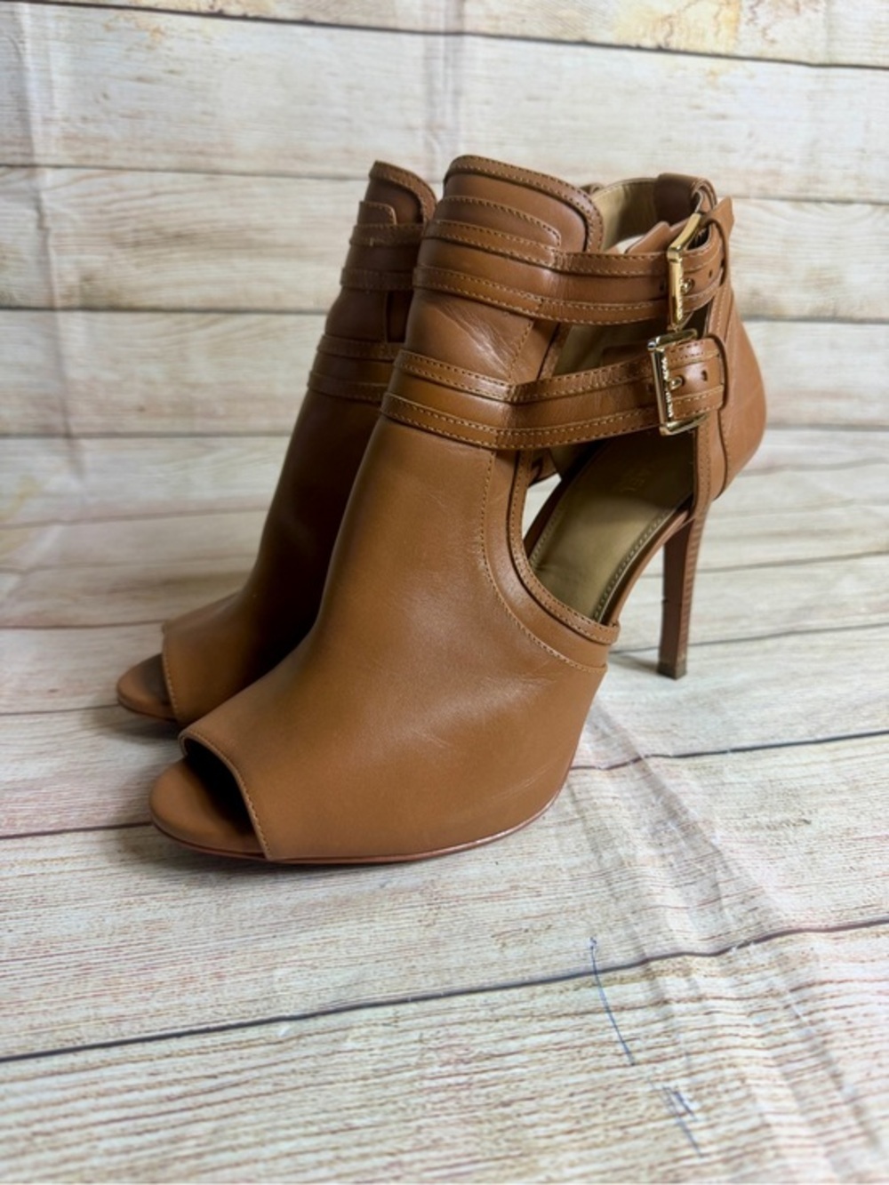 Michael Kors Blaze Open-Toe ankle booties. Brown. Size 10